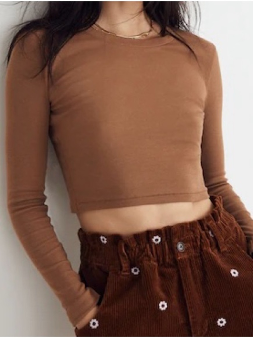 Madewell Fine Ribbed Cropped Crewneck Long-Sleeve Tee Color Kraft Brown Size:M